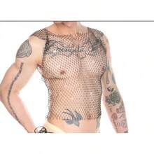 Men's Rave Outfit Sheer Rhinestone Top Sleeveless Tanks Crop Top Fishnet Vest Music Festival Shirthalloween - Black-top - View 2