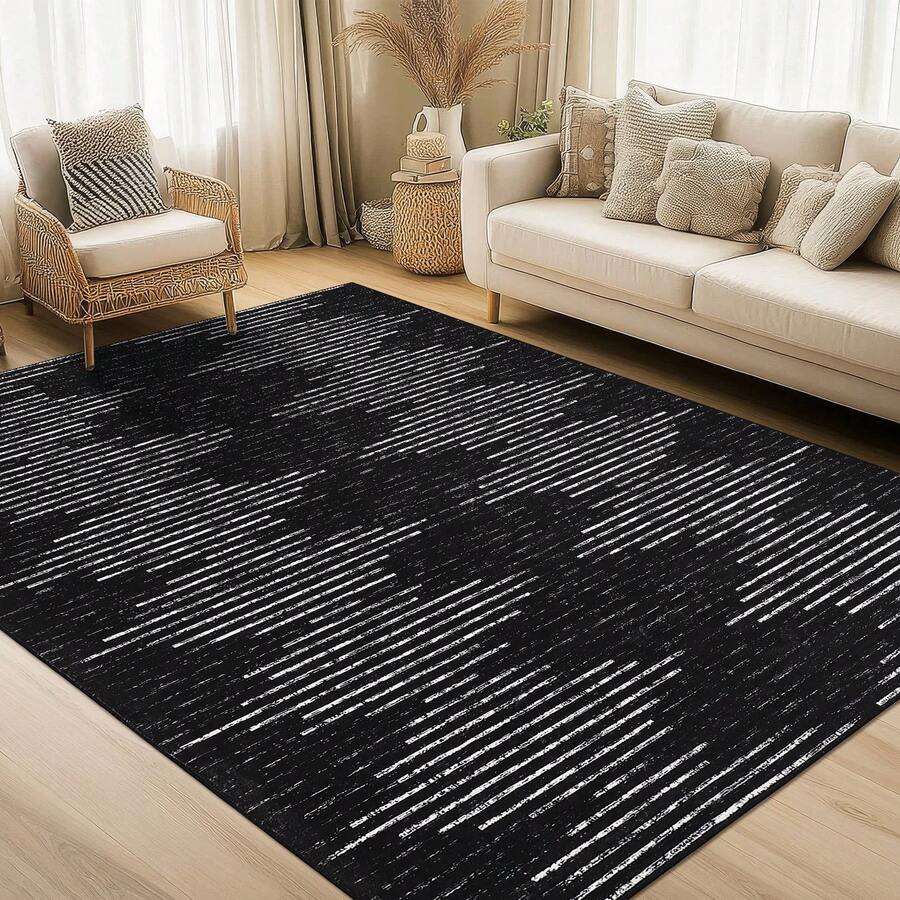 Modern Stripe Geometric Rug For Living Room Bedroom Runner For Hallway Non-Slip Machine-Washable Floor Mat Foldable & Durable Home Decor Area Rug For Dining Room Dorm Black - 黑色 - 查看 1