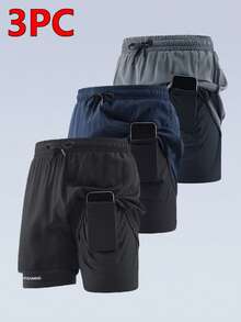 מכנסי ספורט קצרים לגברים, 3 יחידות, מכנסיים באורך הברך, ייבוש מהיר, ריצה, אימון כושר, שחור - שחור - ראה 6