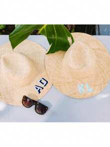 Embroidered Straw Beach Hat - Shadow Monogram // Personalized Straw Hat, Sun Hat, Bachelorette Gift, Personalized Gifts, Custom Sun Hat,Sisters Gift,Party Gifts, Summer Gifts, Girl Gifts, Give To The Best Of Her/Him,The Best Seaside Party Gift - Apricot - View 5