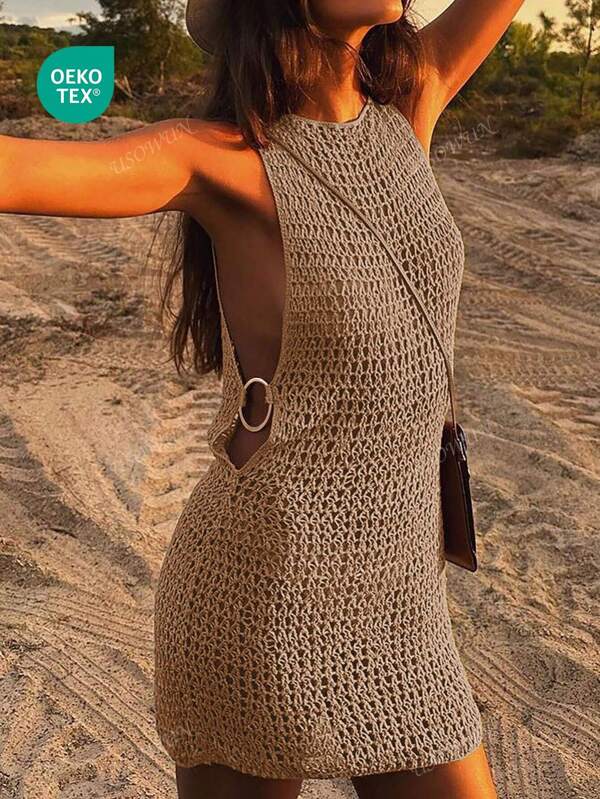 Vestido curto feminino vazado sem mangas casual transparente com design sem costas