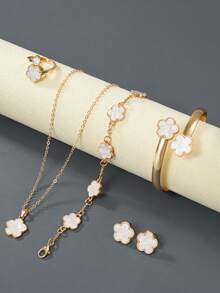 6pcs/Set Necklace, Bracelet, Earrings, Ring, Lucky Flower Necklace, Gold Earrings, Gold Ring, Gold Necklace, Gold Bracelet, Gold Bangle, Girl Jewelry Set, Suitable For Back To School, Party, Holiday