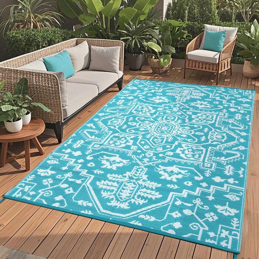 Traditional Home Decor Outdoor Plastic Area Rugs Waterproof Stain Resistant Reversible Camping Throw Carpet Easy To Clean Non Slip  UV Resistant Floor Mat For Camping Porch Deck Picnic Backyard Patio RV Camping Beach - Baby Blue - View 1