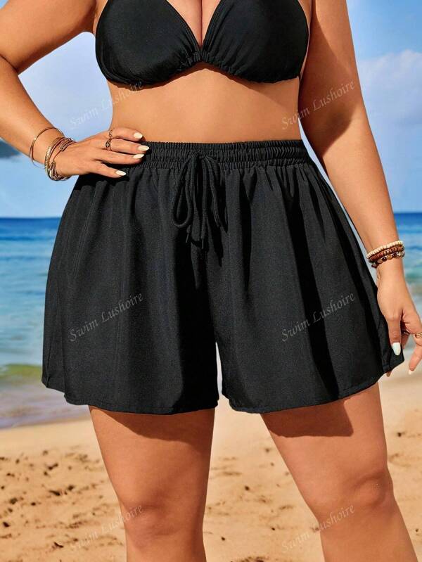 Swim Lushoire Shorts da spiaggia casual da donna di taglia grande, con coulisse in vita, di colore unito, per l'estate