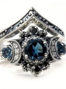 1 套复古情侣哥特式订婚戒指，古董银质分支戒指，男女通用巫师戒指，深色几何指环 - 彩色 - 查看 23