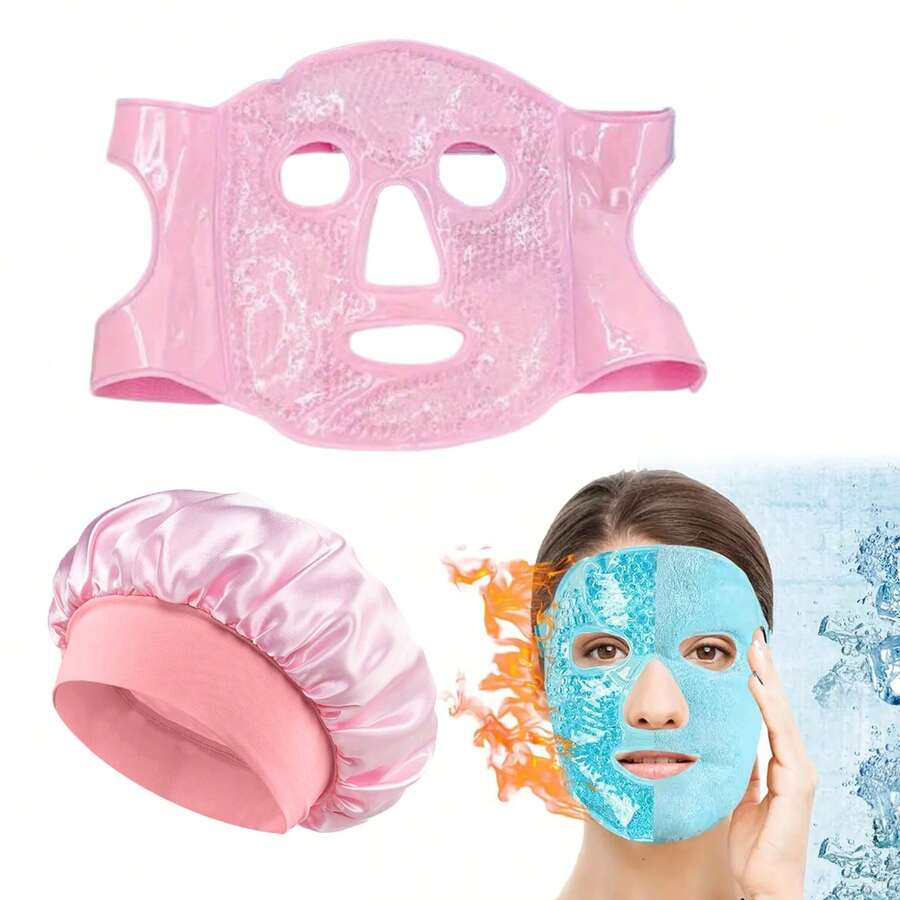 2 件套：缎面丝绸睡眠帽 + 凝胶冷热面膜包 | 宽边弹性卷发器干发帽，可重复使用冷热双重护理，无酒精保湿，睡眠，SPA，头发和皮肤护理组合，防毛躁和抗衰老