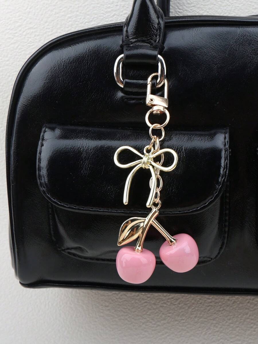 1pc Unisex Cherry Keychain, Fashionable Bow Pendant Design, Exquisite Luxury Handbag Keyring Accessory School Car Accessories Cute Goth Y2k Bag Accessories Lanyards With Id Holder Car Accessories Bag Charms - Pink - View 1