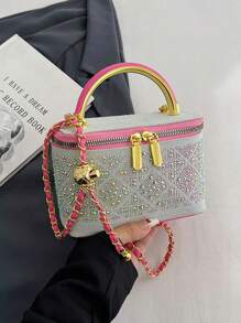 1pc Black Casual Versatile Handheld Mini Square Bag, Fashionable Embroidered Checkered Fabric, Suitable For Storing Phone, Lipstick, Coins At Work