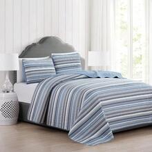 3 Piece Reversible Quilt Set With Shams | All-Season Soft & Lightweight Bedspread With Modern Striped Pattern | Sofia Collection - Xanh lam / Xám - Xem 2