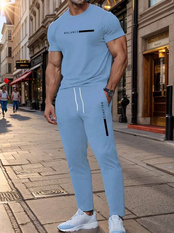 Conjunto de Top de manga corta con cuello redondo y pantalones casuales para hombre