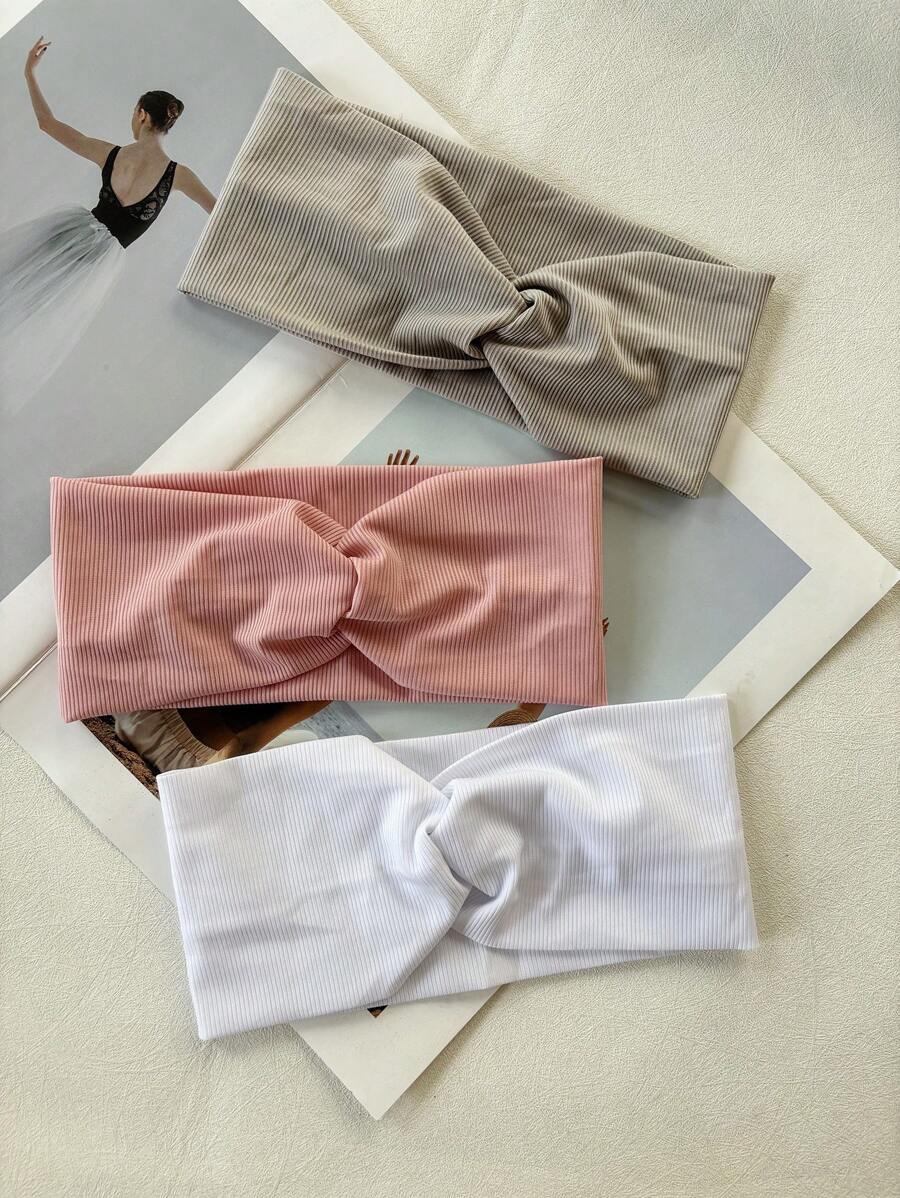 3 Fasce elastiche a maglia con motivo a bandana, accessori per capelli eleganti e alla moda, colori grigio, rosa, bianco.