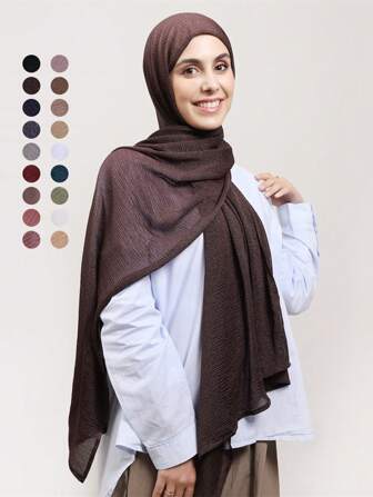 1pc Women's Solid Color Lightweight Elastic Pleated Headscarf, Fashion Scarf, Soft & Casual Hijab For Dress