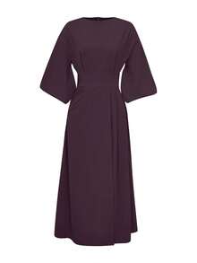 فستان طويل أنيق للسيدات بأكمام ثلاثة أرباع مزين بطيات غير متماثلة وشق، لون أحادي، مناسب للارتداء اليومي