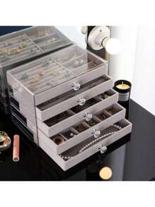 1 pieza, Caja de joyería de 3 compartimentos y 5 capas de terciopelo, caja de almacenamiento de joyas para collares, pendientes, anillos, regalo para mujeres y niñas, gran capacidad, portátil, caja de almacenamiento de baño, cajón de almacenamiento de escritorio, caja de almacenamiento apilable, caja de joyería de 3 capas de acrílico y franela