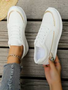 Women's Casual Lightweight Fashion Sneakers, Versatile Sports Shoes For Students And Plus Size - Gold - View 2