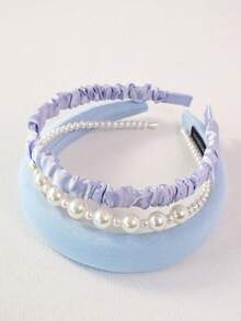 3 件套女孩休闲简约清新海绵珍珠头带套装，适合学校和日常装扮 - 淺藍色 - 查看 3