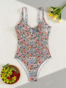 Women's Summer Beach Vacation Floral Print Backless One-Piece Swimsuit