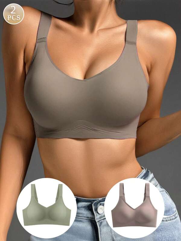2 Pcs Of Comfortable And Simple Solid Color Underwear, Women's Thin Design, Anti Sagging Bra, Sexy Sports Bra