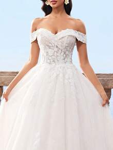 HEARBOBO 优雅别致露肩圣诞白色蕾丝贴花长款网纱A字婚纱新娘礼服 - 杏色 - 查看 3