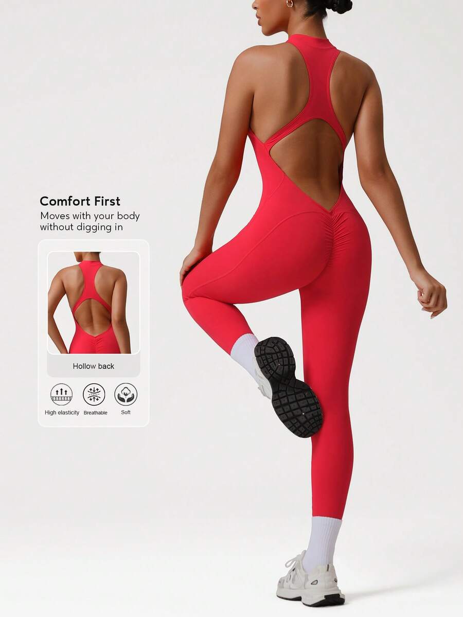 Sodalemon Women's Sleeveless Fitness Jumpsuit With Half Zipper, Backless, Lifting Butt, Tight Fit Yoga Gym Activewear - Red - View 1