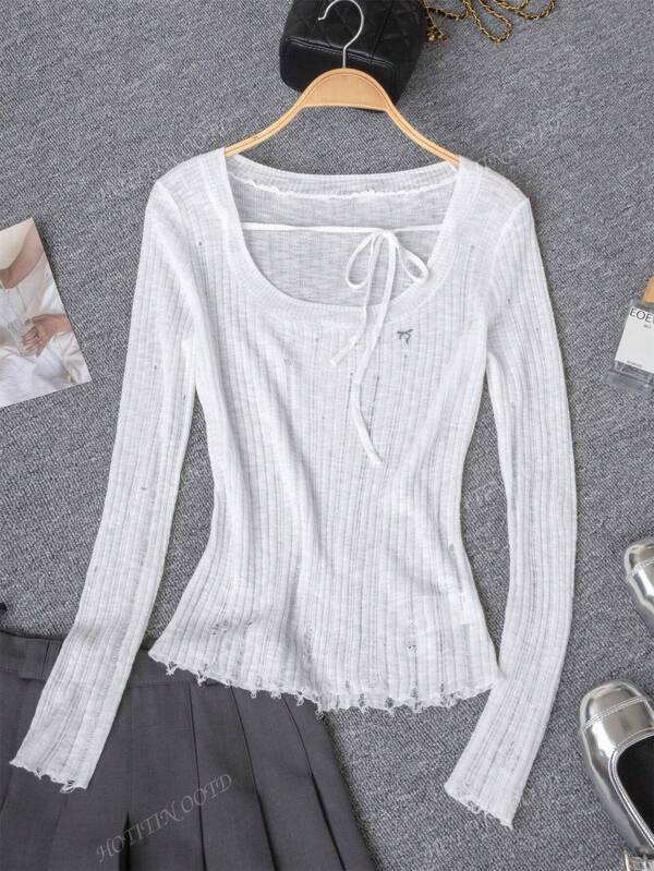 Apricot Oversized Crew Neck Slim Fit Ripped Knitted Top With Shoulder Cut-Outs, Tie Bow Design, Long Sleeve Cover Up Shawl Jacket For Women, Sun Protection