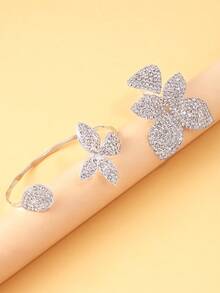 2件套金色水钻花朵手链戒指首饰套装，女士超大花朵首饰套装，派对配饰 - 銀色 - 查看 5