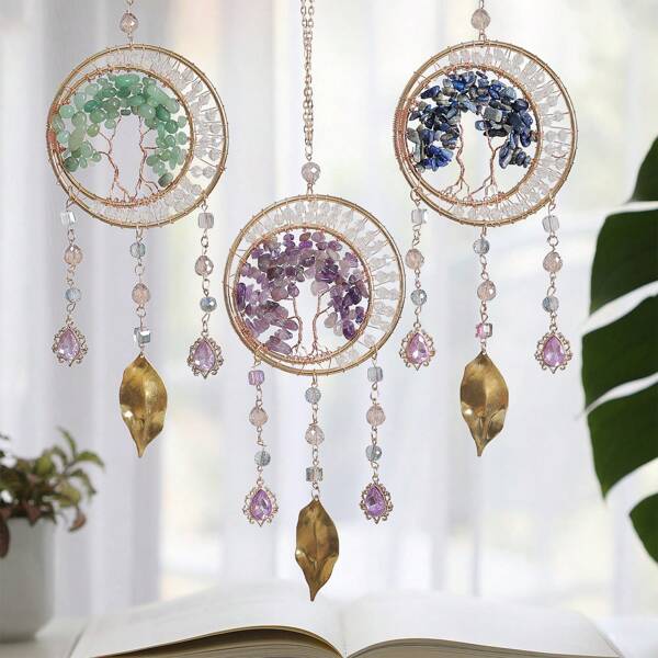 1 Pc Crystal Tree Of Life Dream Catchers Handmade Wind Chimes With Agate Stone Pendant Wall Hangings Decor For Bedroom Wedding Party Festival Gift