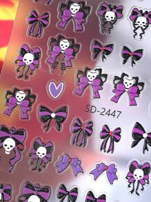Pegatinas para uñas de Calavera de Moño 5D, 2 piezas, diseño de Corazón de Moño y Calavera, en colores púrpura, negro y blanco, decoración de uñas autoadhesiva, estilo Y2K japonés y coreano, para otoño e invierno, suministros de arte de uñas