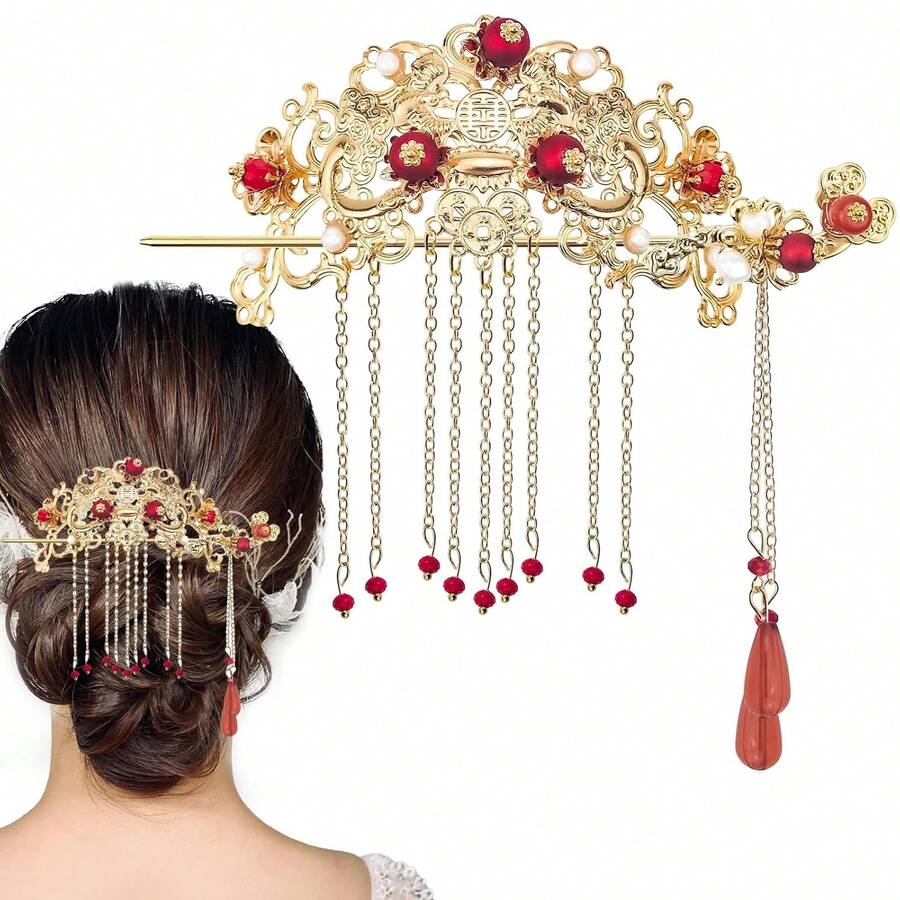 Hair Accessories Wedding, Red Tassel Gold Hanfu Pins Pearl Flower Hair Pins, Hair Chopsticks Hair Styling Vintage Classical Sticks Long Tassel Hair Jewelry Accessoriesvalentine's Day 6LMO - 1 - 查看 1
