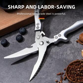 1 pieza Tijeras de cocina de acero inoxidable, tijeras para aves de corral, tijeras multiusos para exteriores, tijeras para cortar nueces y alimentos, tijeras para aves de corral de uso pesado, tijeras domésticas multifuncionales para barbacoa