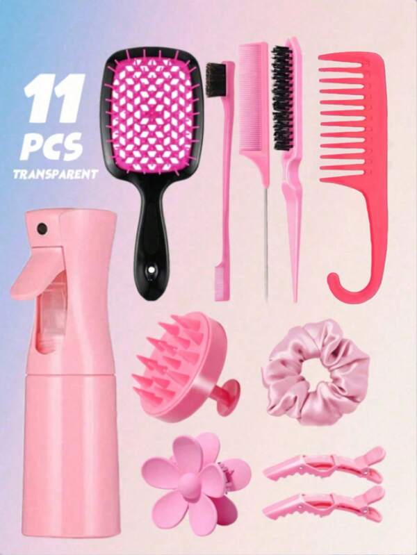 1/11/14 pièces Set de brosses à démêler, Bouteille de vaporisation pour cheveux 200ml, Peigne démêlant carré creux, Peigne à dents larges de qualité supérieure, Peigne de massage du cuir chevelu pour shampoing, Brosse de bord, Brosse à effiler, Peigne à queue de rat, Pince à cheveux fleur, Pinces à cheveux alligator et élastique pour cheveux mouillés/secs tous types de cheveux