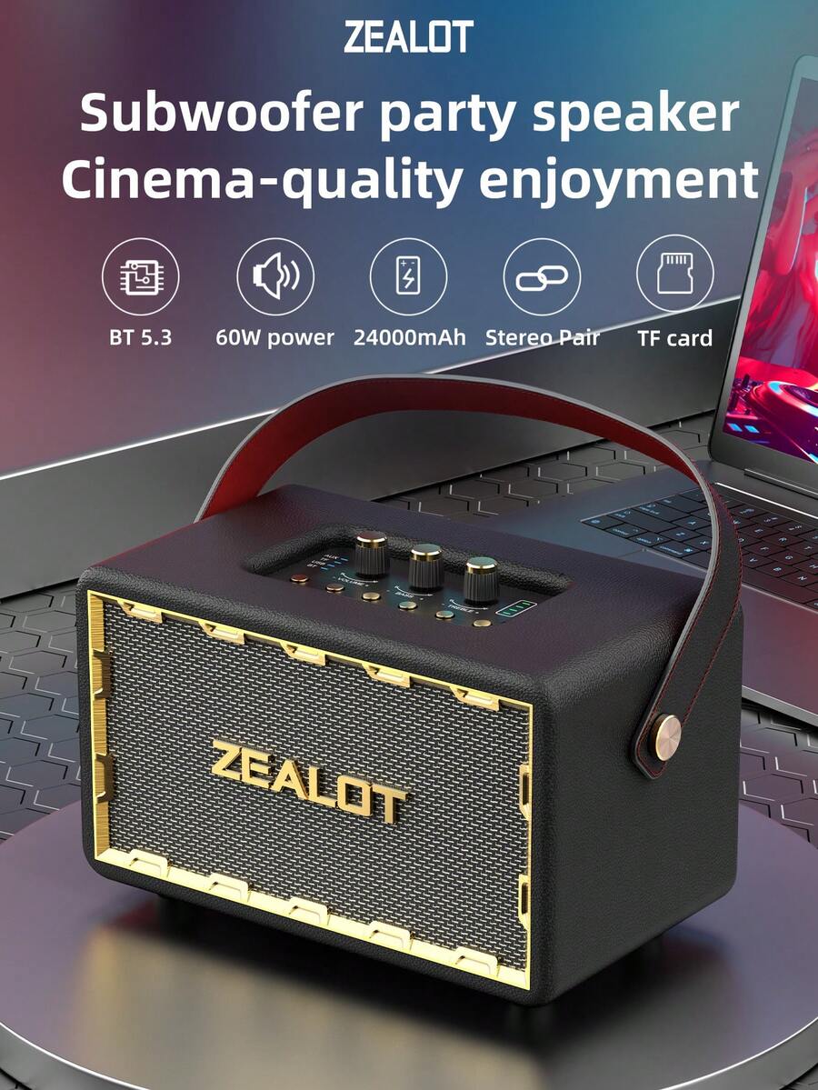 ZEALOT MT01 60W Wireless Speaker, Outdoor Portable, Bluetooth Speaker, 24000mAh Long Battery, Up To 8 Hours Of Playback Time, Supports Mobile Phones/Tablets/TVs. Compatible With SD Card/USB/AUX, Serial Pairing Function, Suitable For/Car/Outdoor/Camping/Beach/Party