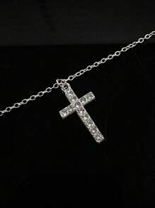 Gothic Style Rhinestone Studded Cross Stainless Steel Necklace For Women & Men