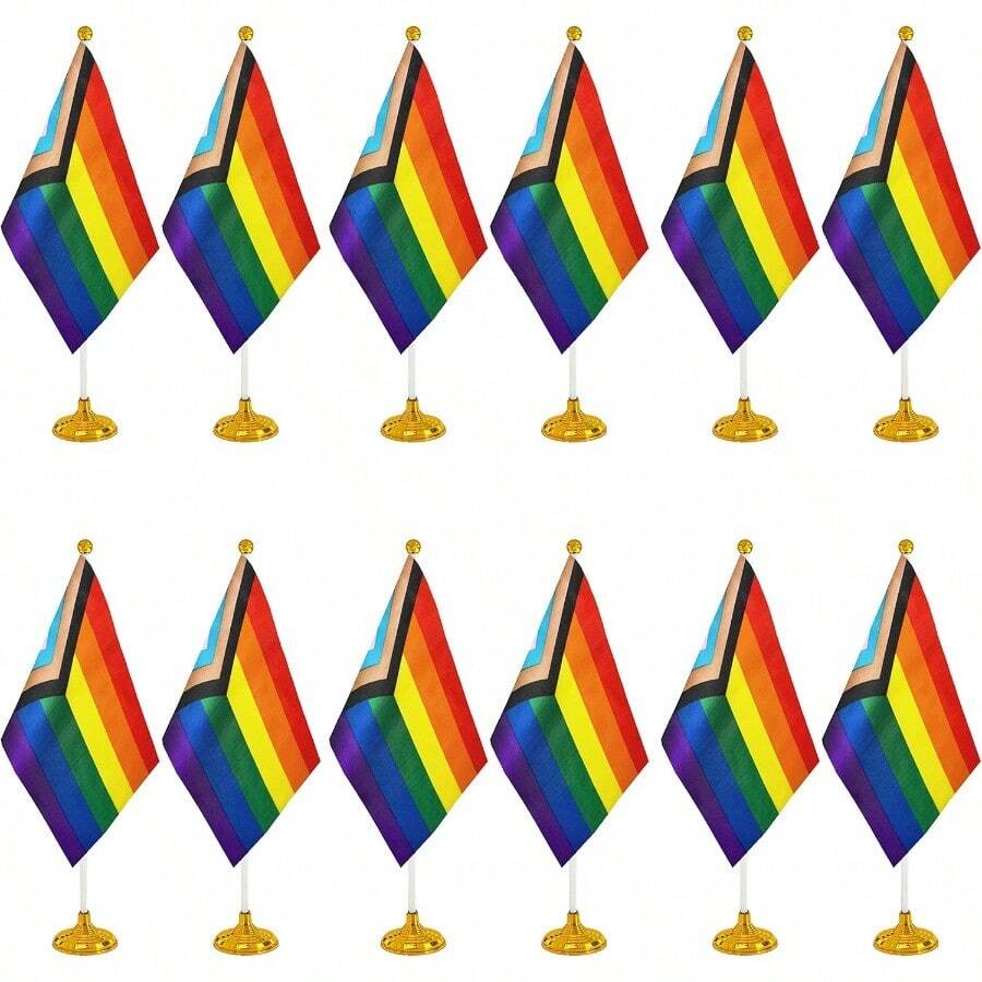 TLL  12 Pack Progress Pride Rainbow Desk Flag Small Mini Gay LGBT Table Flags With Stand BaseRainbow Mardi Gras Festival Events Celebration DecorationsTLL