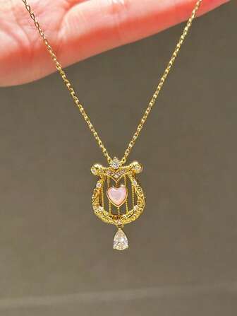 1 Adet Lüks Kalp Şeklinde Zirkon Taşlı Harp Kolye, Tatlı Kız Tasarımı, Zarif Klavikula Zinciri, Kadınlar İçin Günlük, Tatil, Parti Giyimi ve Kız Arkadaş Hediyesi İçin Uygundur
