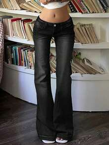 女士复古优雅街头风白色喇叭牛仔裤 Y2K 性感弹力黑色喇叭裤度假休闲喇叭裤，2026 春夏款 - 黑色 - 查看 3