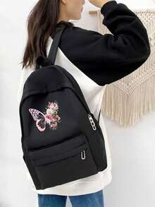 蝴蝶印花大号背包，适合少女，学生背包，时尚黑色青少年背包，适合学校和大学使用；经典长款拉链钱包，大容量，颜色和款式随机；返校笔记本电脑包和保护套 - 黑色 - 查看 4