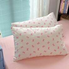 1 Set de 4 piezas de juego de ropa de cama blanco y rosa con moños, de tela suave, estilo femenino, adecuado para dormitorio, dormitorio universitario, todo el año (1 Edredón + 1 Sábana + 2 Fundas de Almohada), Fundas de Almohada con Corte de Patrón Aleatorio, Edredón no Incluido