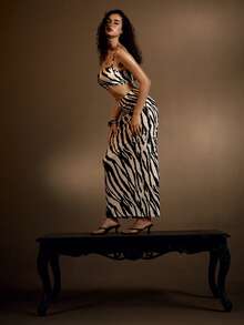 Glamine BamGleam 2025 Conjunto de suspensórios com gola quadrada e estampa de zebra, verão, novo, sexy, conjunto de saia longa e justa, moda casual para férias, roupas femininas quentes de verão