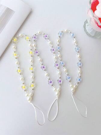 1 pieza Cadena para móvil, llavero, soporte para auriculares con colgante de anillo de plata con flor y perla