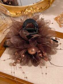1Pc Peony & Feather Tassel Hair Claw | Elegant Party Hair Clip For Women, Perfect For Gatherings & Festivals