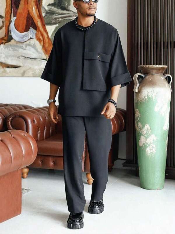 2 Pcs/Set, New Spring/Summer Men's Dashiki Set, Black Short Sleeve, Large Pockets, Turn-Up Sleeve, Round Neck, Elastic Waist Pants, African Clothing, Men Casual Short Sleeve Pants 2 Pieces Set, Street Style, Party, Date, Wedding, Business, Daily Wear, Cultural Events, Traditional Ceremonies