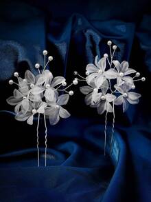 2pcs Women Lace Flower Hair Accessories Set, 2pcs Hair Clip Hairpin Hairstyle Set Valentine's Day Accessories,Wedding Hair Accessories - Silver - View 5