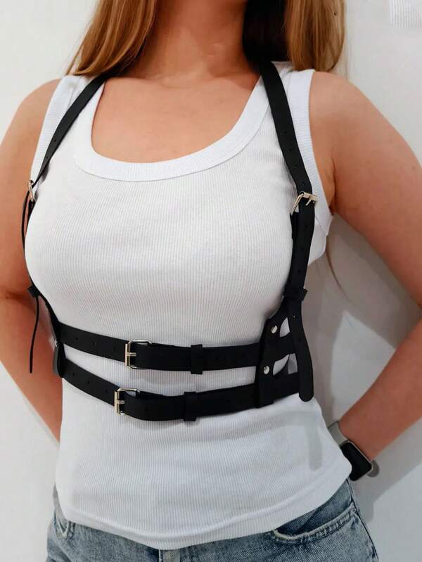 Verstelbare zwarte PU-leren riem voor dames, dubbellaagse PU-leren tailleband, gotisch harnas, modieus kledingaccessoire voor dagelijks gebruik, sexy damesaccessoire