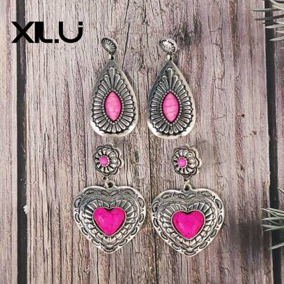 1 Pair Fashionable & Minimalist Western Cowboy Style Turquoise Geometric Heart Shaped Pendant Earrings For Women