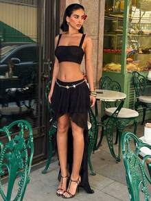 2 Stücke/Set sexy einfarbiges super kurzes Camisole & asymmetrischer Mini-Rock, geeignet für Dates, Hochzeiten im Frühling/Sommer - Schwarz - Übersicht 6