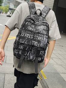 Casual Spacious Letter Print Multi-Pocket Snap Button Backpack, Unisex School/Travel Bag, Suitable For Students, School Season