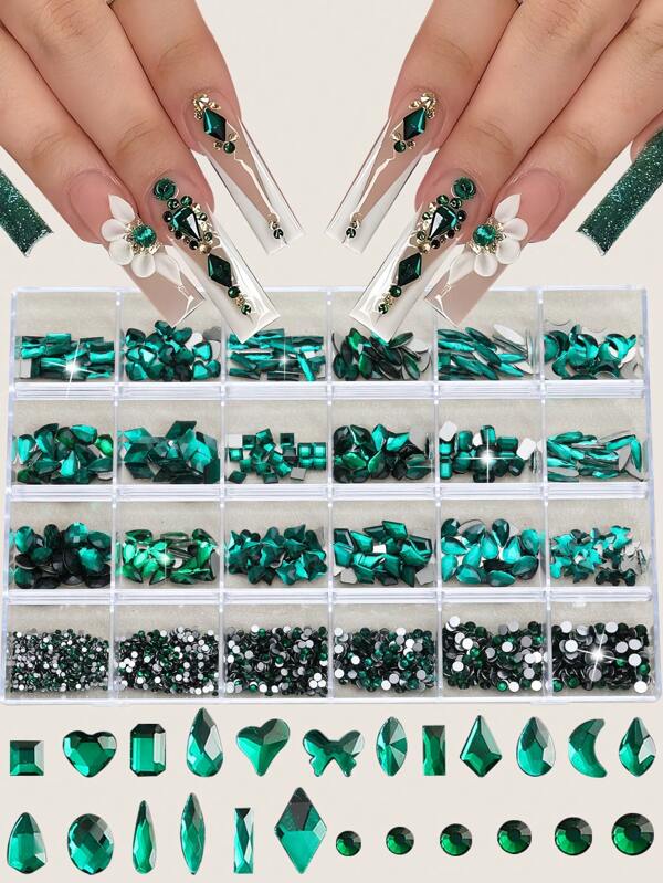 24 cuadrículas Conjunto de diamantes de cristal verde brillante 3D, decoraciones de cristal de strass, lapicero para decoración de uñas, accesorios de diseño de manicura