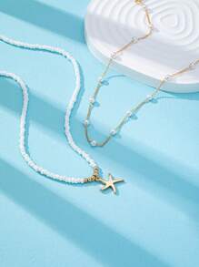 2 Pcs Summer Bohemia Style Boho Layering Necklaces Set , Starfish Pendant , Women Ocean Style Vocation Vibes Bohemia Necklace Jewelry Suitable For Beach , Daily Wear
