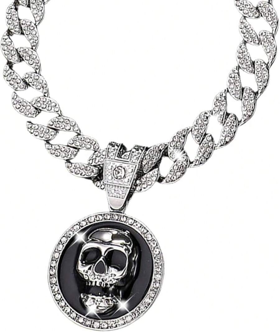 Men's Shiny Cuban Chain Necklace, Miami Style Silver Plated Gold Plated Shiny Necklace, Hop Necklace - 骷髏頭-銀色 - 查看 1